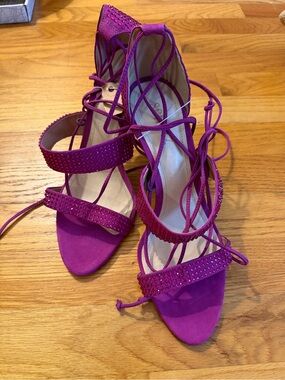 SCHUTZ Magenta Lace-Up Rhinestone Strappy Heels